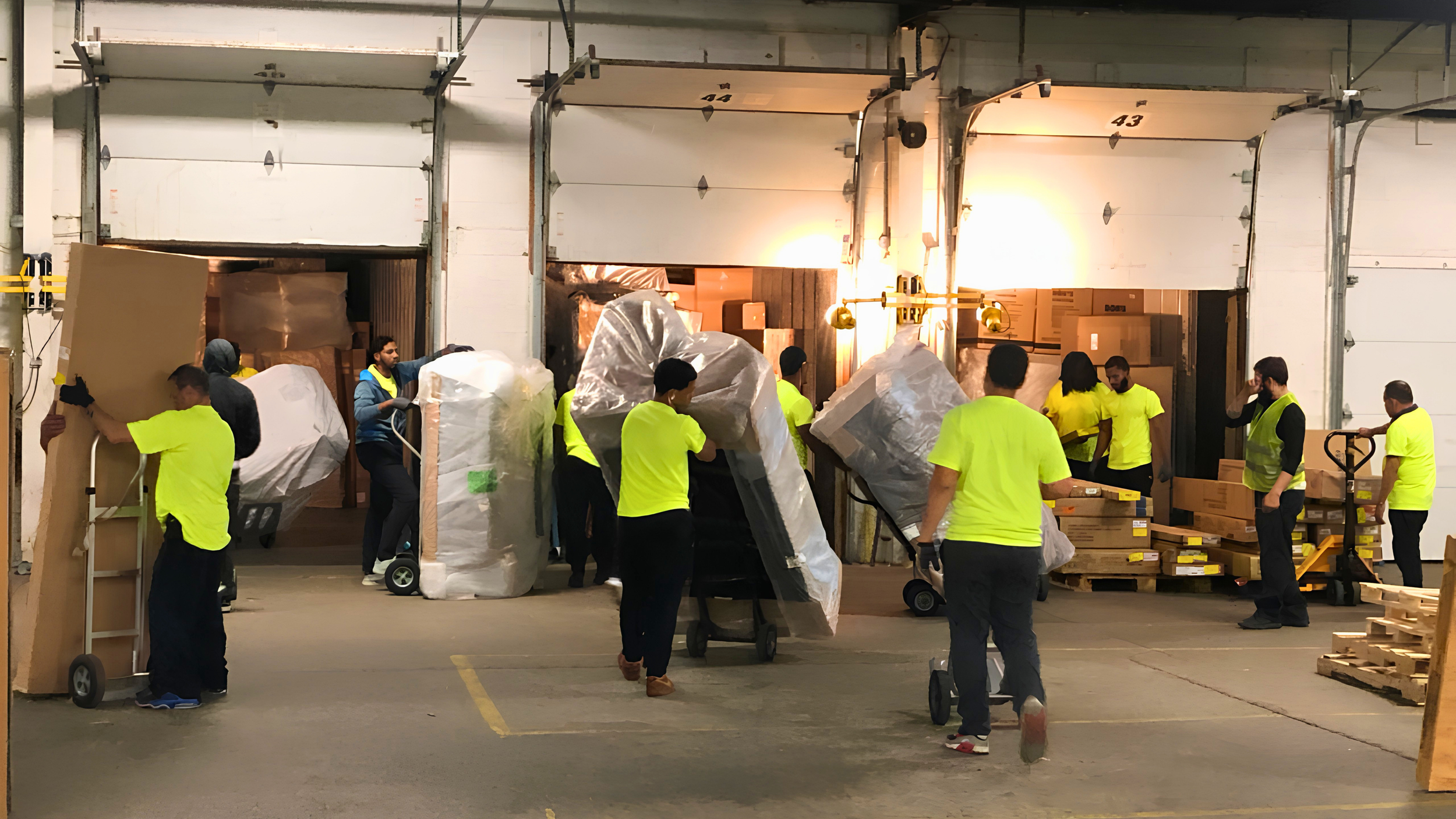 Workers in yellow shirts are moving large packages and boxes inside a warehouse, with some unloading goods from trucks and organizing pallets.