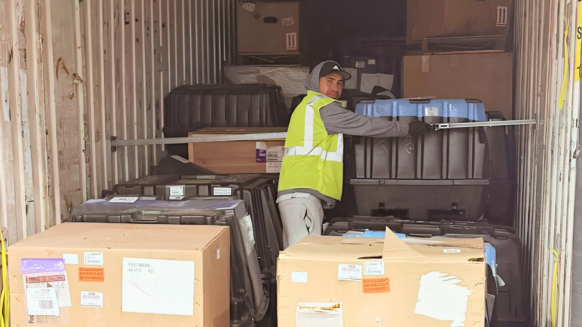 DNA Logistix associate in a safety vest loading freight into a trailer, supporting B2B transportation and last-mile delivery.