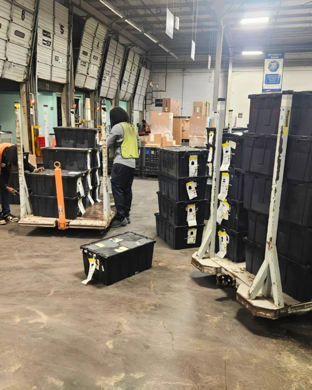 DNA Logistix warehouse associate organizing freight totes and inventory at a national third-party logistics distribution center, supporting 99.1% inventory accuracy across coast-to-coast operations.