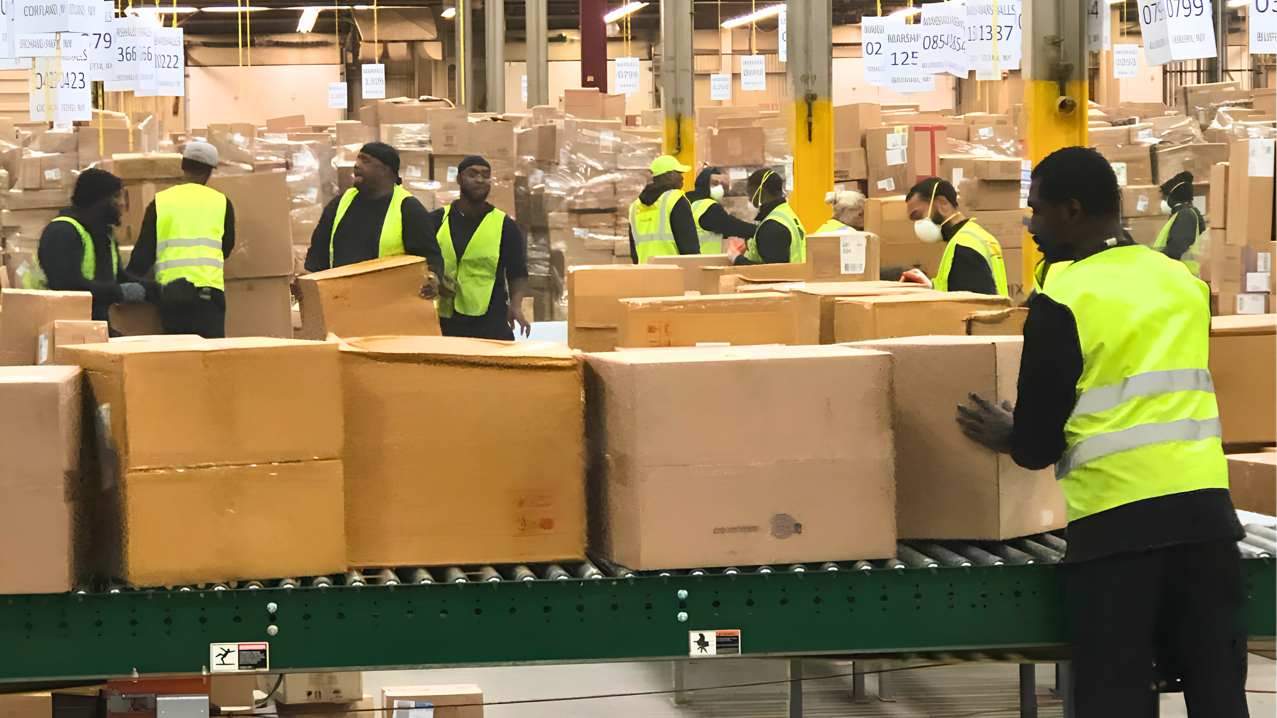 DNA Logistix warehouse associates handling boxes on the conveyor line at a national 3PL distribution center.