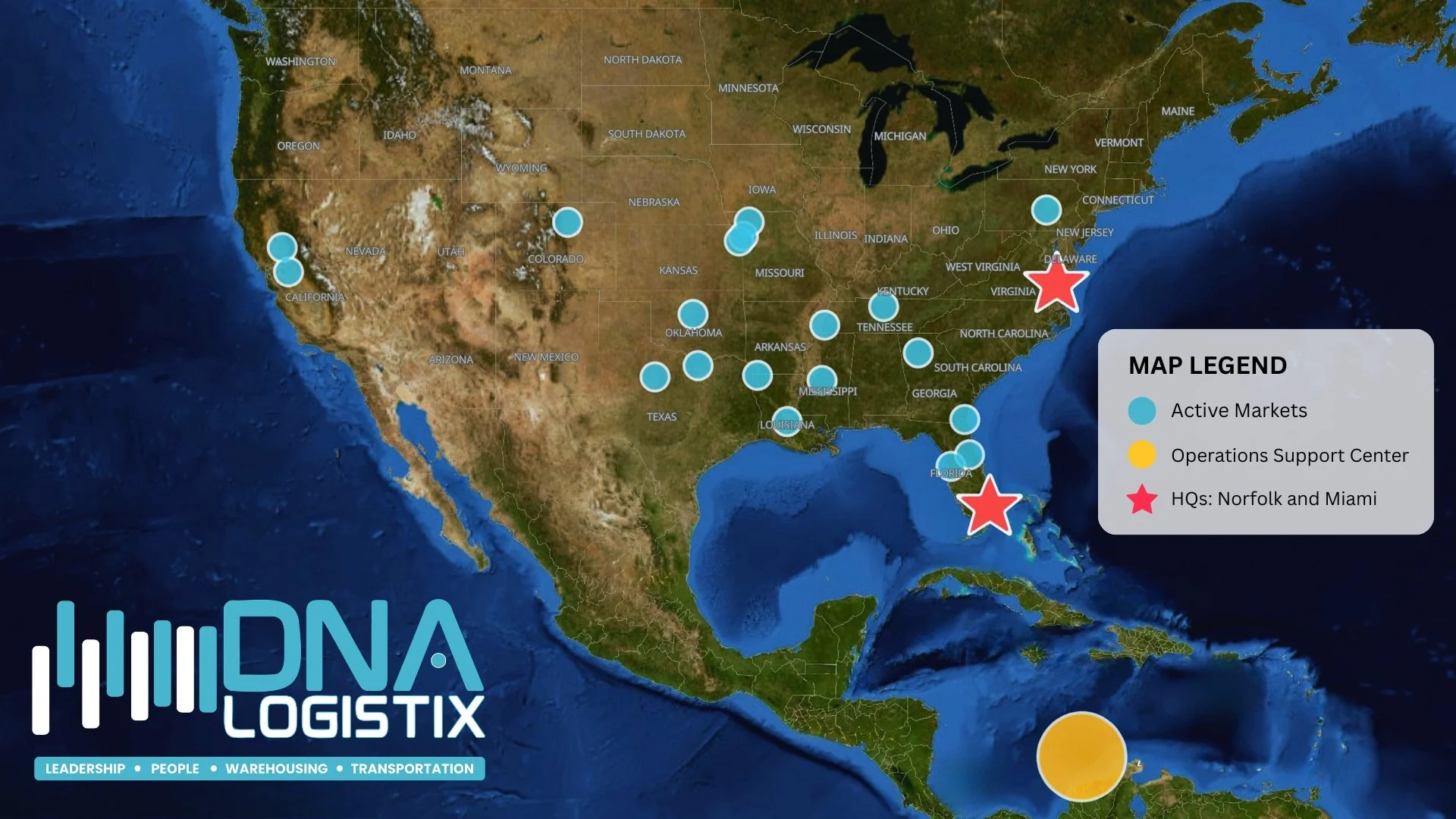 DNA Logistix national 3PL coverage map anchored by dual headquarters in Norfolk, Virginia and Miami, Florida, with warehousing and transportation operations coast to coast.