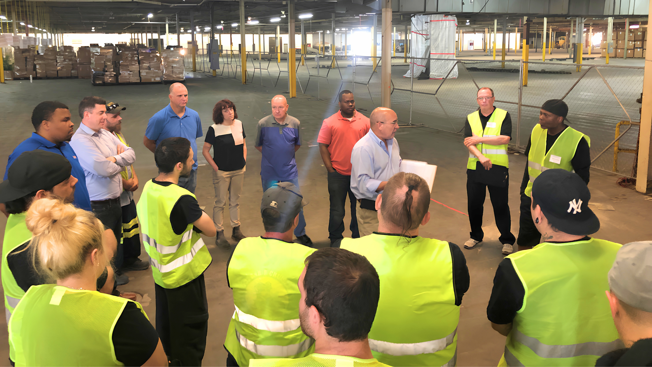 DNA Logistix on-site leadership leading a warehouse team huddle at a national 3PL distribution center.
