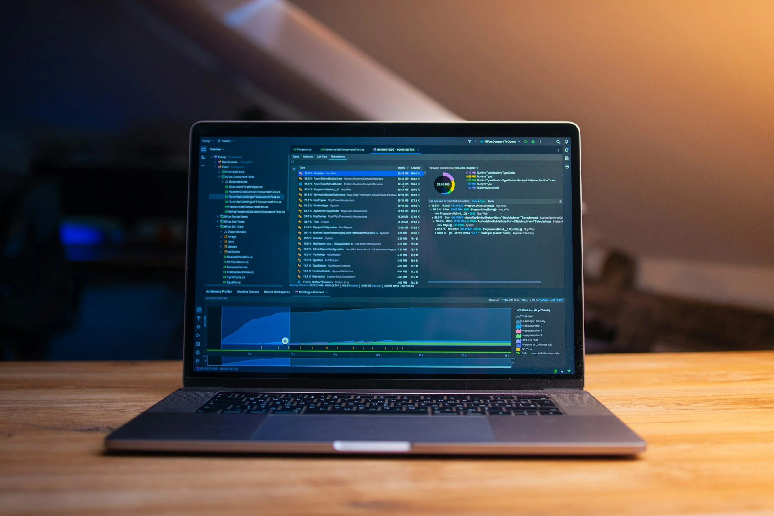 A laptop displaying a screen with performance monitoring software, placed on a wooden desk with a blurred background and warm lighting.