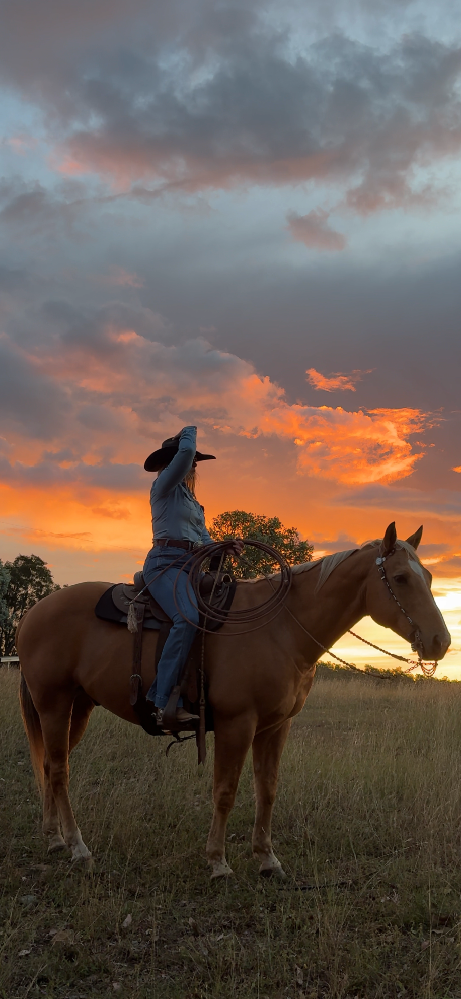 A person dressed in denim and a cowboy hat is riding a light brown horse in a field during sunset, with a sky filled with dark and orange clouds.