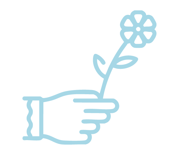 Line drawing of a hand holding a flower with a circular, multi-petaled bloom against a black background.