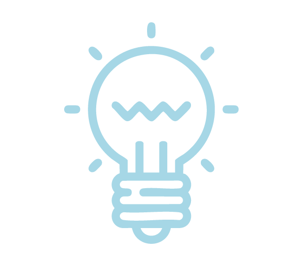 Light blue line drawing of a light bulb with rays around it on a black background.