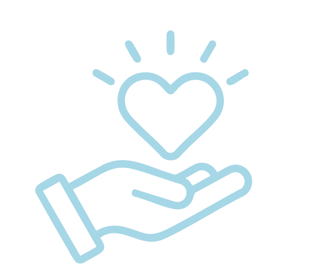Line drawing of a hand holding a heart with radiating lines.