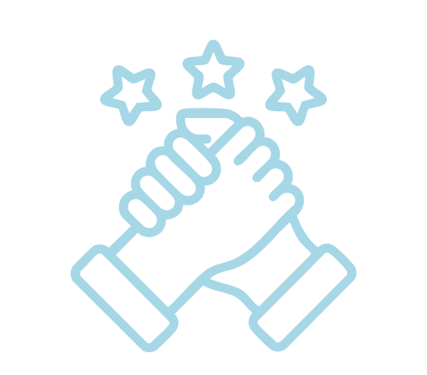 Line art illustration of a handshake, with stars above them indicating celebration or achievement.