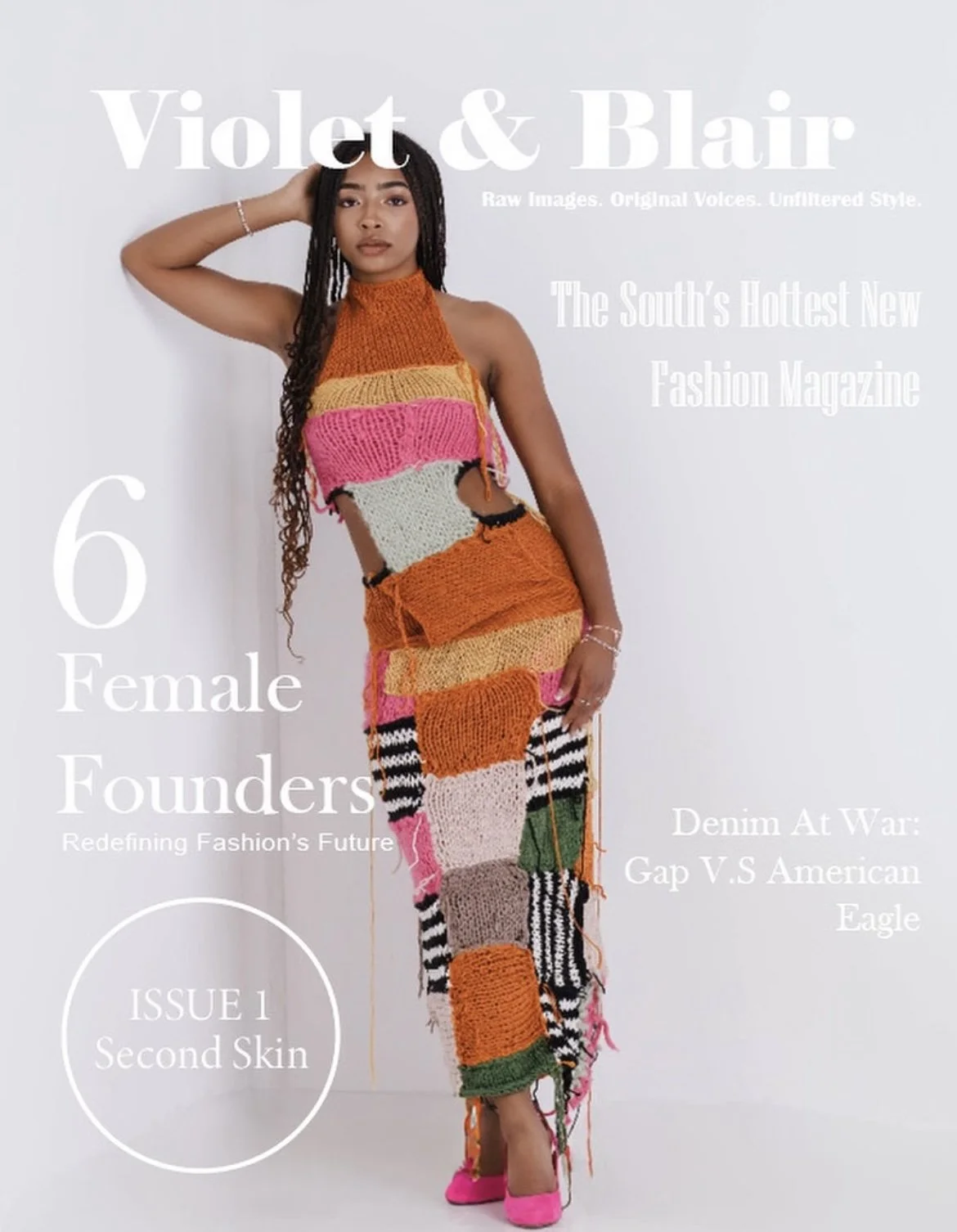 Magazine cover featuring a woman in a colorful, knitted patchwork outfit and pink high heels, with text about fashion and female founders.