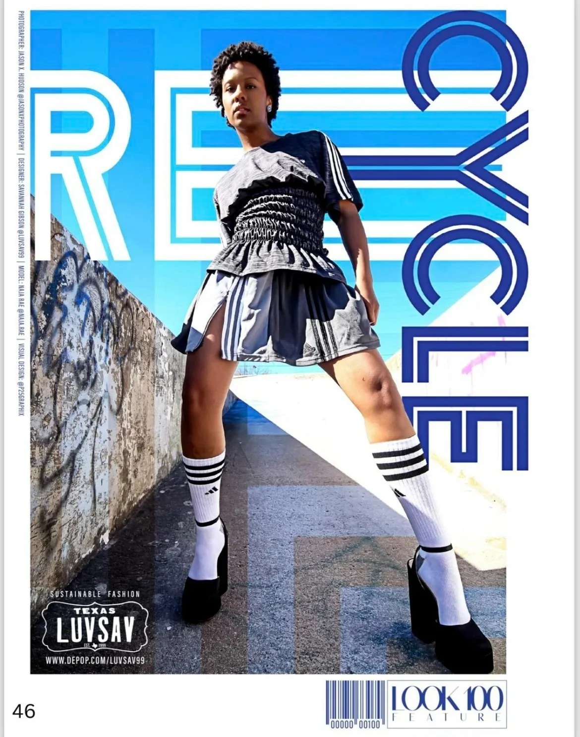 A young woman posing outdoors in athletic and fashion clothing with a blue sky and a graffiti-covered wall in the background. She is wearing a black and grey top, matching pleated skirt, knee-high white socks with black stripes, and black platform heels. The image features bold, graphic text and branding, including the words 'REWRITE,' 'SUSTAINABLE FASHION,' and 'TEXAS LUVSAY,' suggesting it is a fashion magazine cover or advertisement.