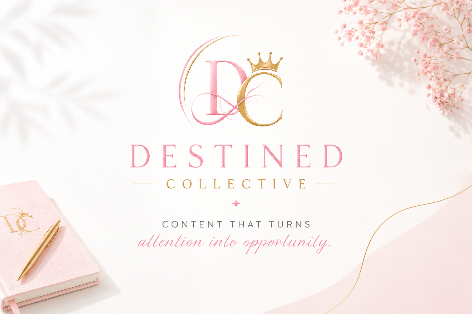 Logo for Destined Collective with pink and gold lettering, pink flowers, pink notebook with a gold pen, and soft pink and white background.