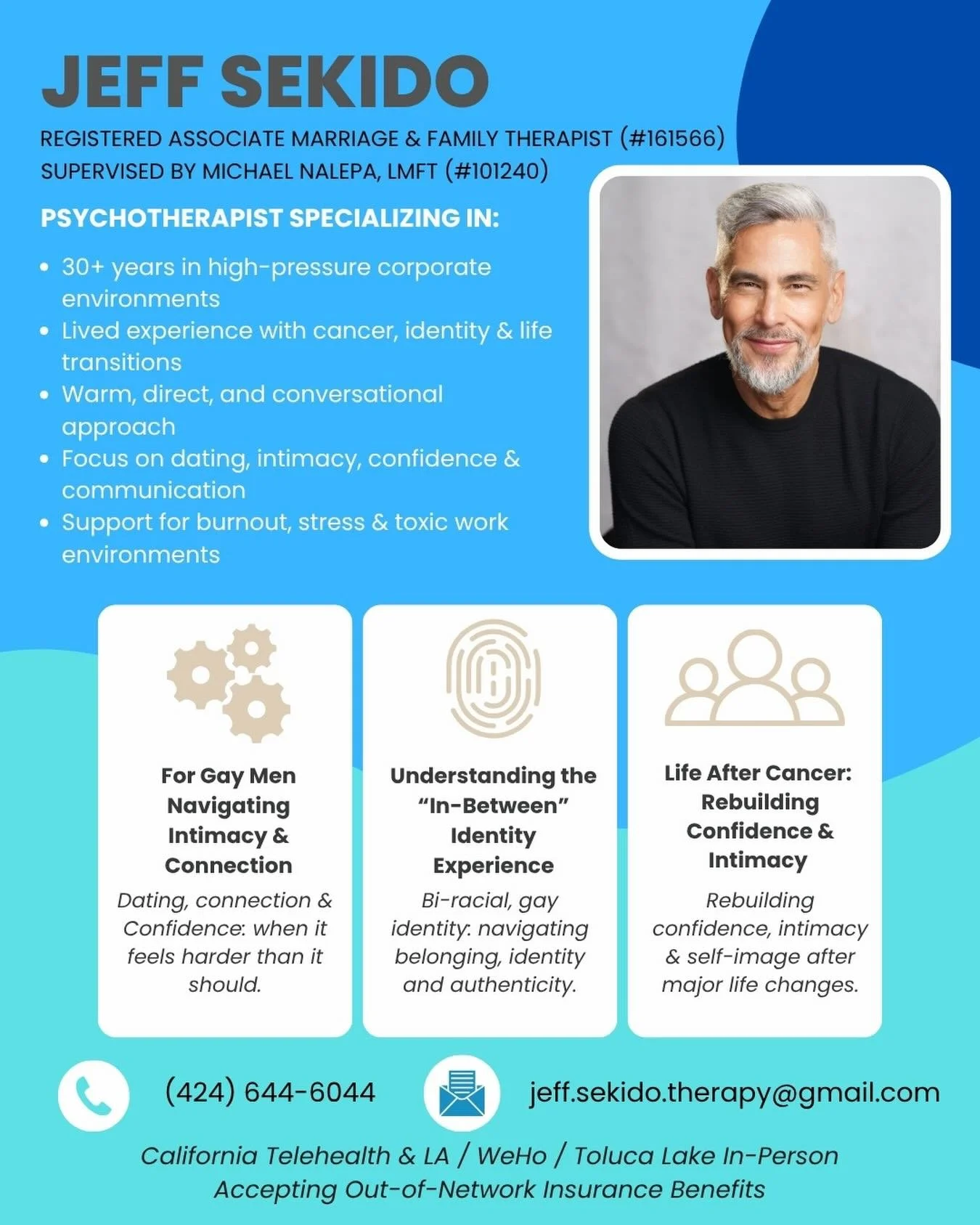 Happy Marketing Monday! Welcoming referrals for in-person (Toluca Lake &amp; Central LA) and telehealth. I specialize in identity work, LGBTQ+ affirming and life after-cancer (especially around men&rsquo;s prostate cancer, intimacy, self-confidence a