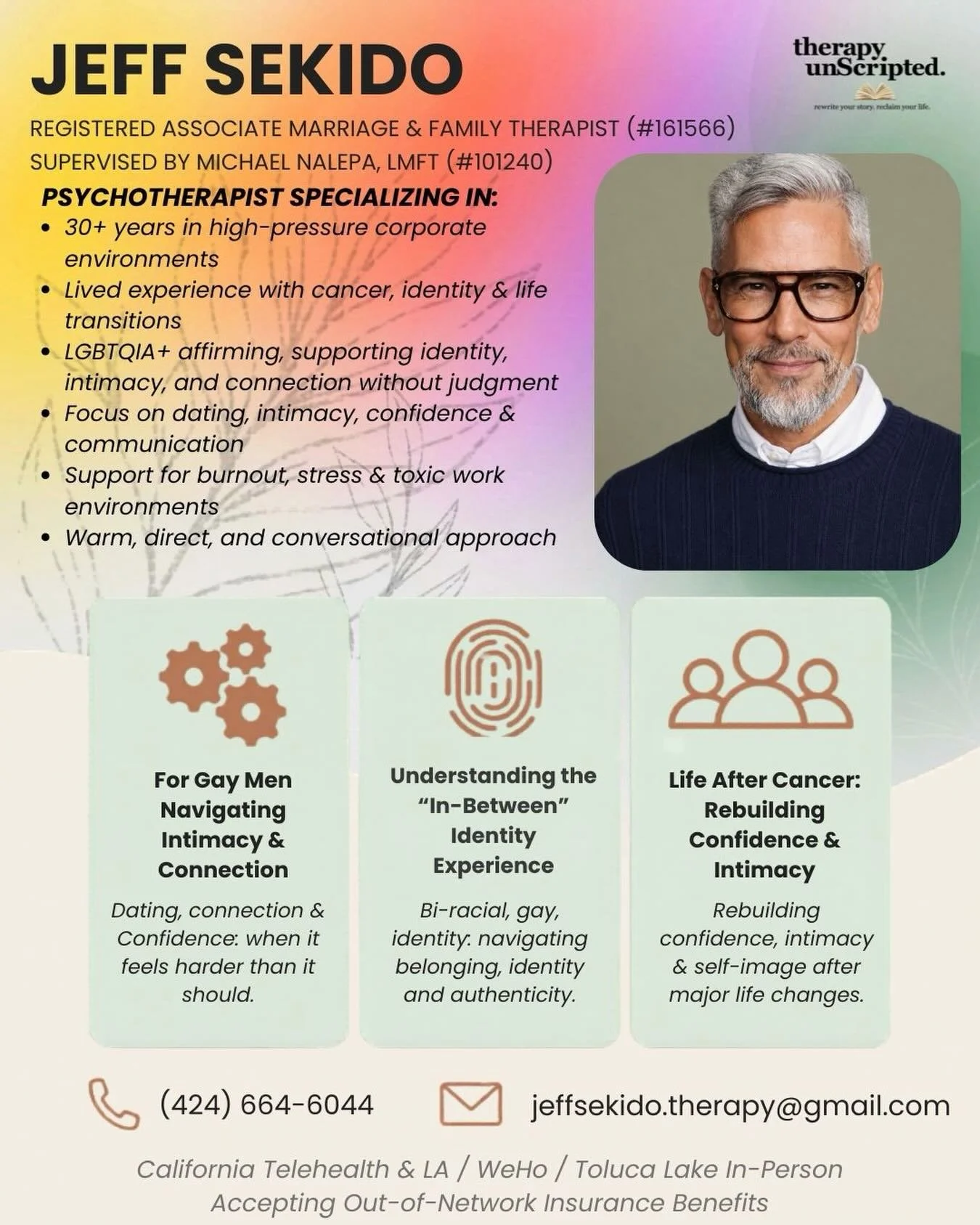 🌈 Happy Pride Month

I&rsquo;m currently accepting new clients in California.

I work with adults, teens, and couples navigating:

✨ Relationships and dating
✨ LGBTQ+ identity and belonging
✨ Workplace stress and burnout
✨ Cancer survivorship and li