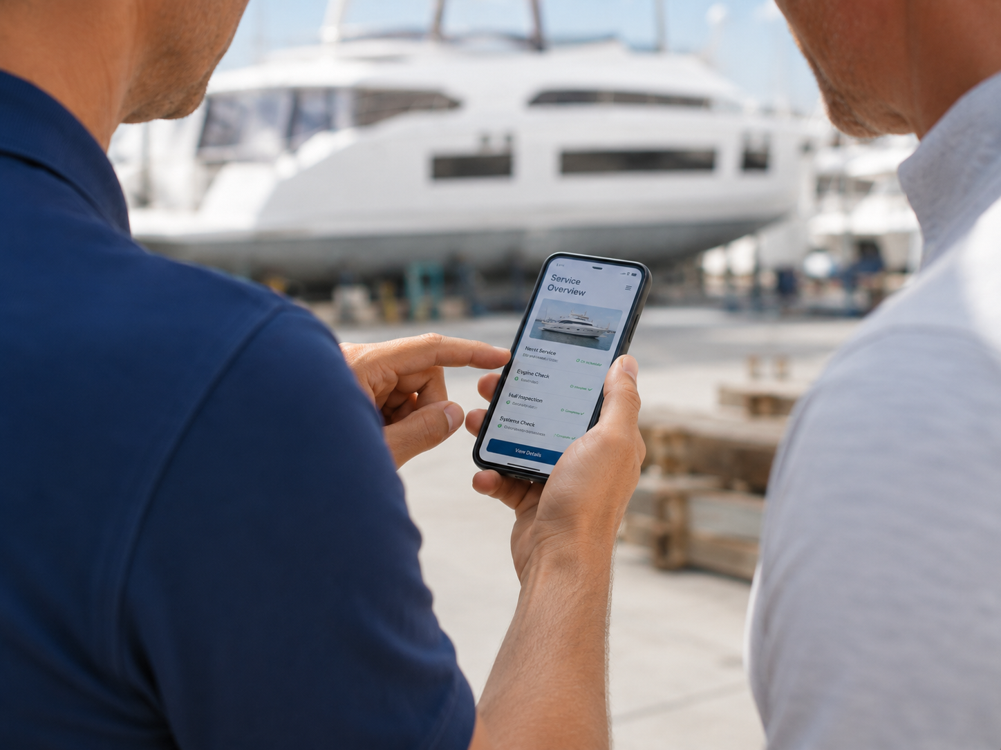 Two men are at a marina, viewing a boat service app on a smartphone. A large yacht is visible in the background.
