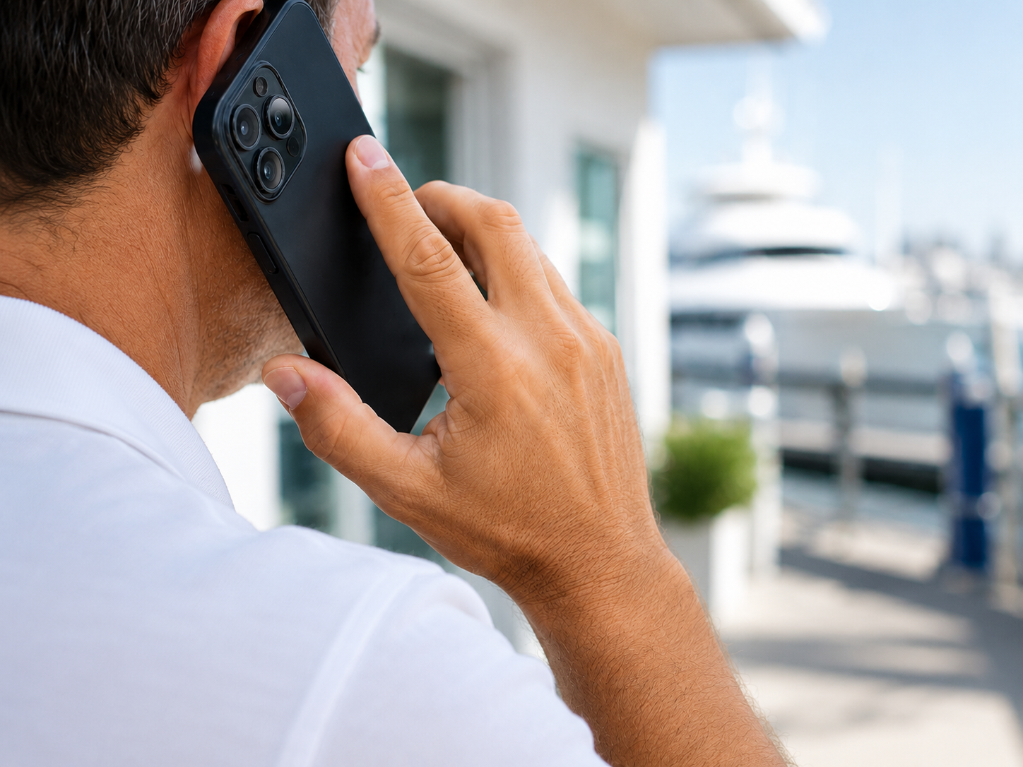 A close-up of a man talking on a black smartphone outdoors near a marina with boats and a building in the background.