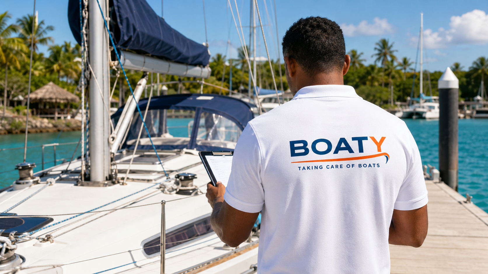 A man in a white polo shirt with the logo 'BOAT Y' and the tagline 'TAKING CARE OF BOATS' on the back, standing on a dock at a marina, looking at a clipboard. There are sailboats and yachts docked nearby, with green palm trees and a blue sky in the background.