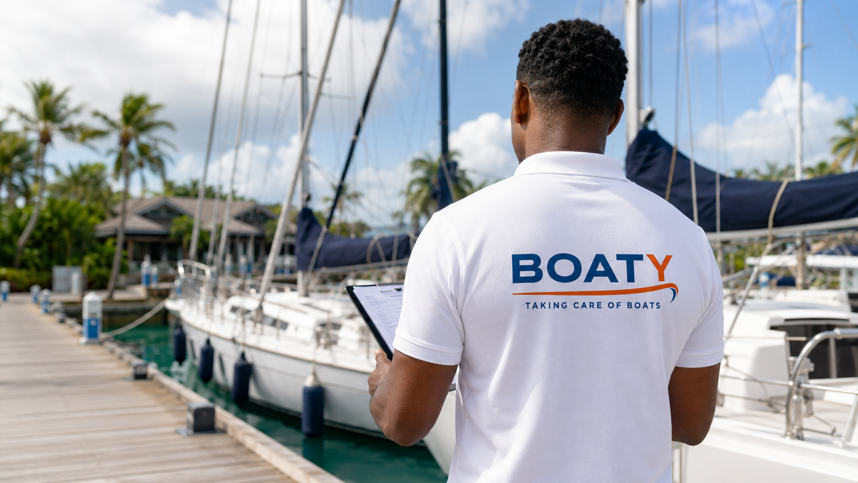 A man in a white polo shirt with the logo 'BOATY - Taking Care of Boats' holding a clipboard, standing on a dock by sailboats, palm trees, and a building in the background under a partly cloudy sky.
