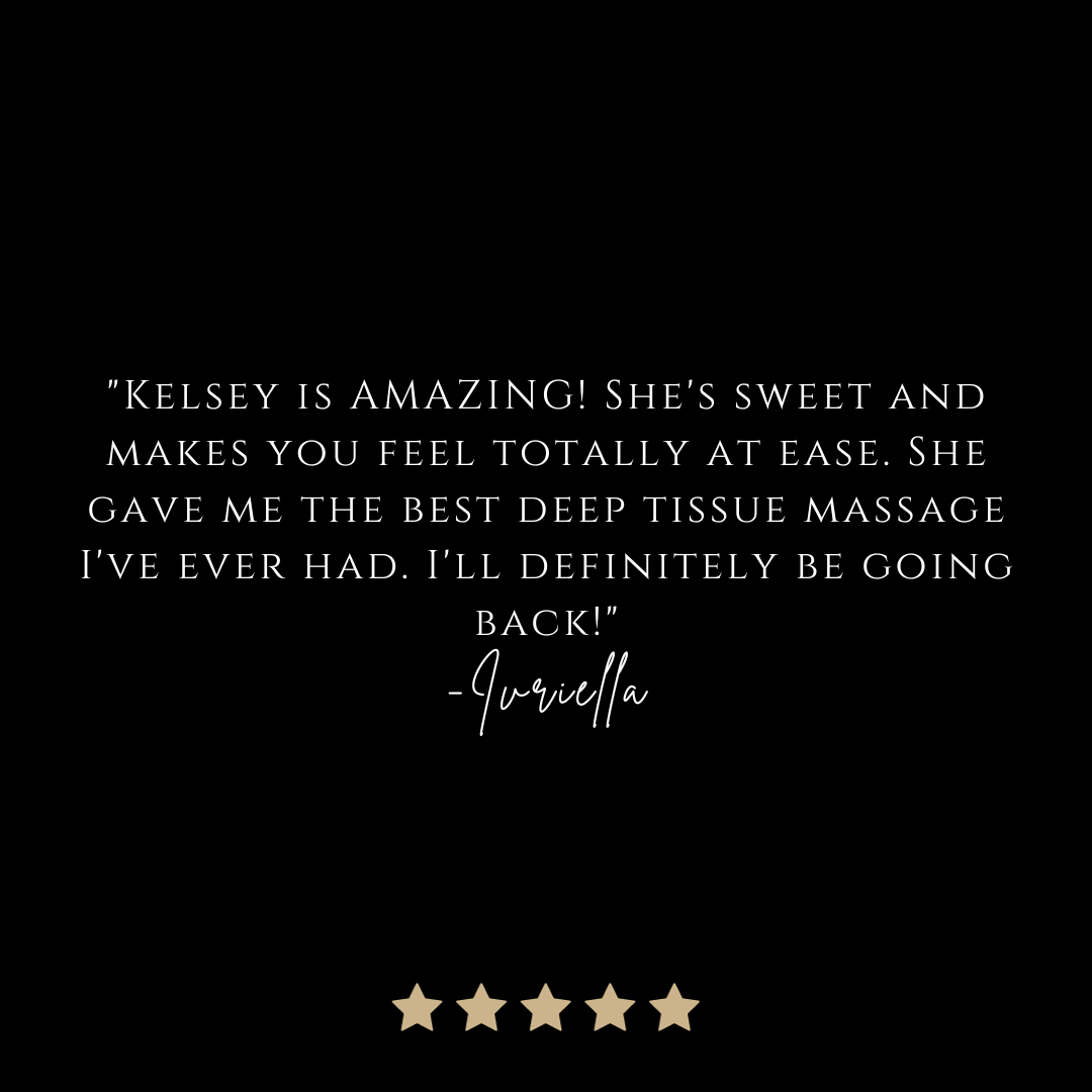 Customer testimonial overlay on a black background with a five-star rating at the bottom, praising a deep tissue massage experience.