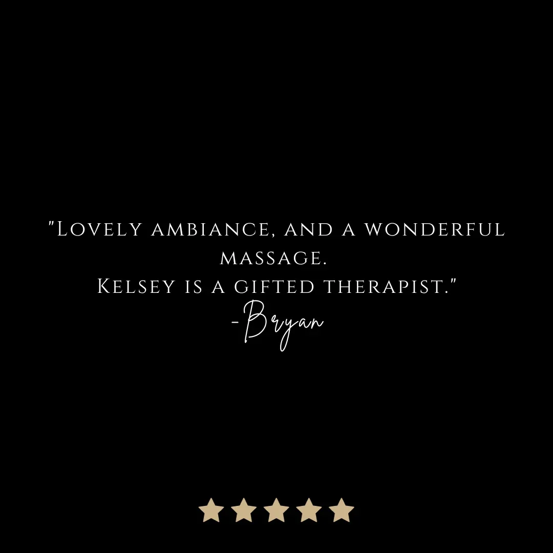 Testimonial quote on a black background praising a massage therapist named Kelsey, with five gold stars below.