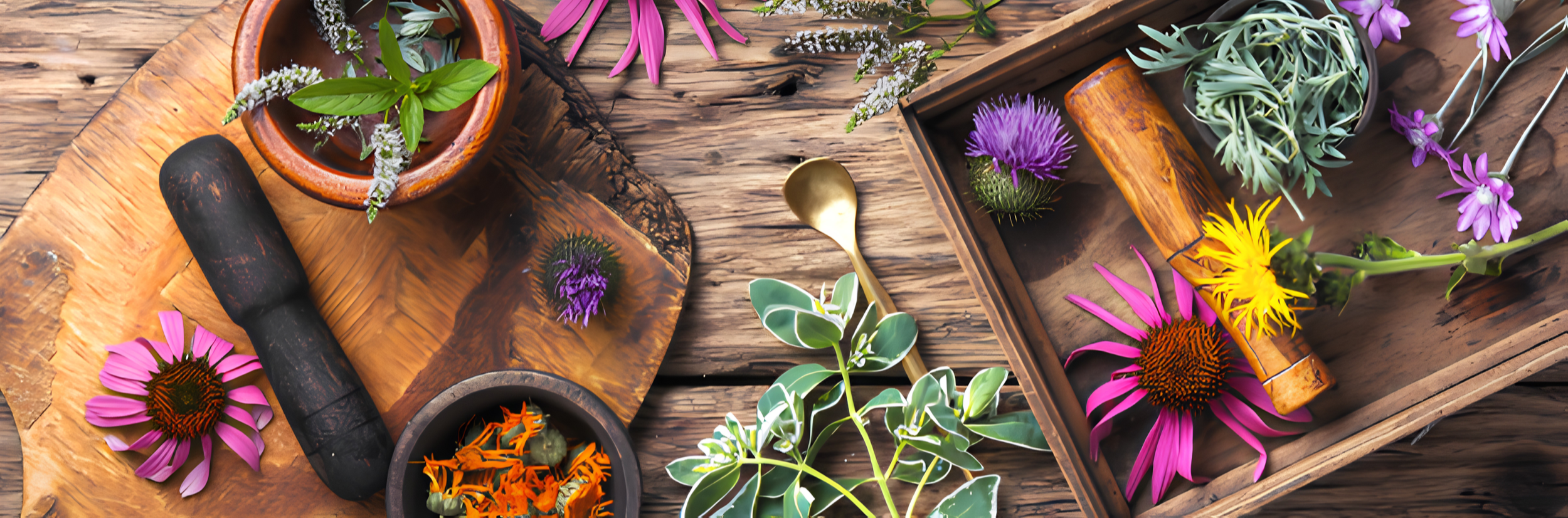 A wooden table with various flowers, leaves, a mortar and pestle, a small dish of orange dried flowers, and a gold spoon. The flowers are in pink, purple, yellow, and green shades, arranged in bowls and scattered on the table.