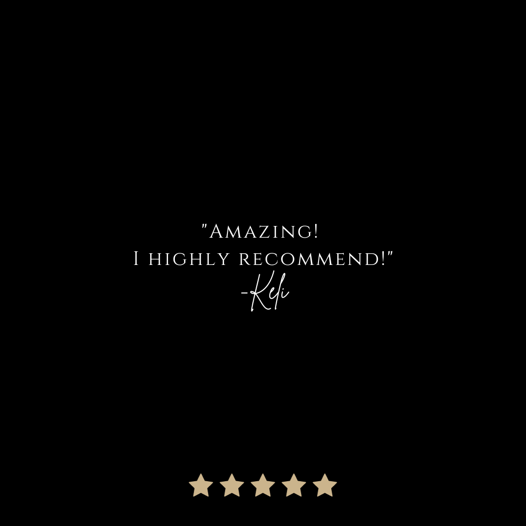 Black background with a quote that says 'AMAZING! I HIGHLY RECOMMEND!' by Keli, and five gold stars at the bottom.