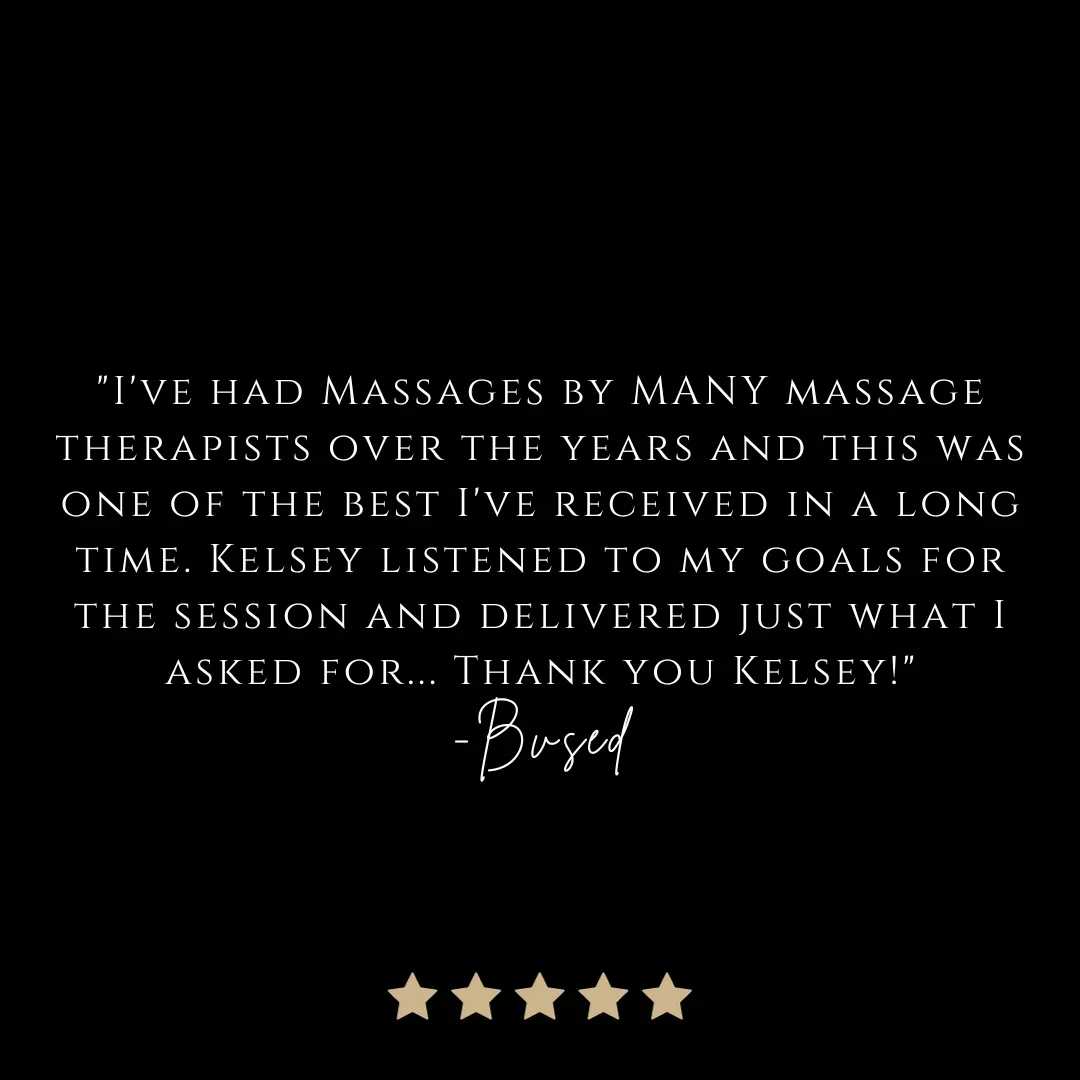 Quote from a customer praising Kelsey's massage therapy, set against a black background with five stars below.