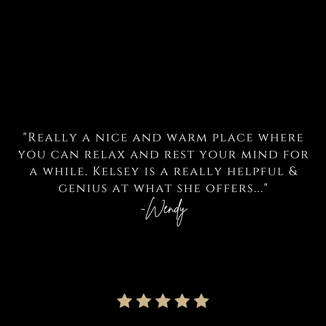 Customer review quote over black background praising Kelsey's helpfulness, signed by Wendy, with five gold stars below.