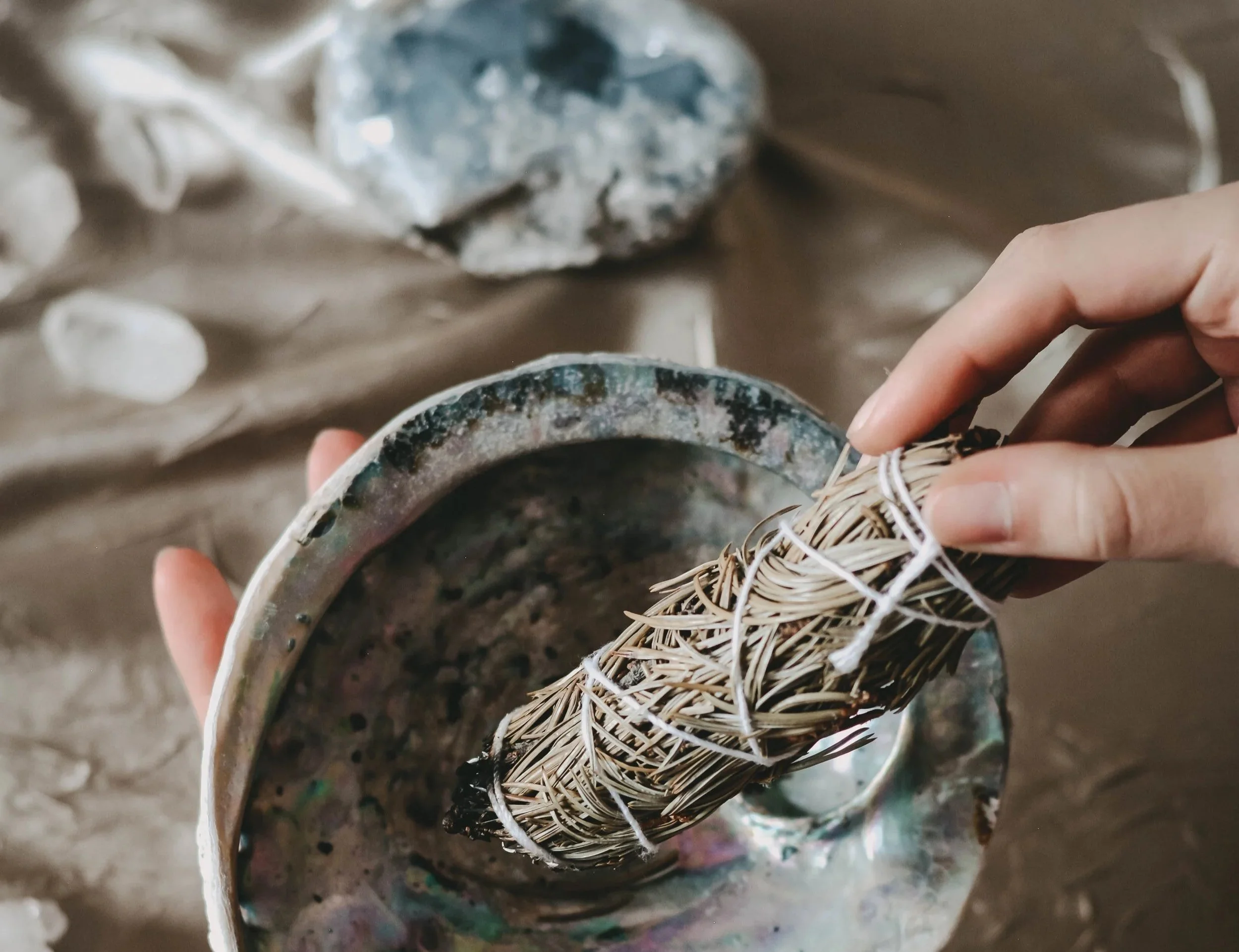 A person's hand holding a tightly wound bundle of thin, beige, dried plant stems or reeds.