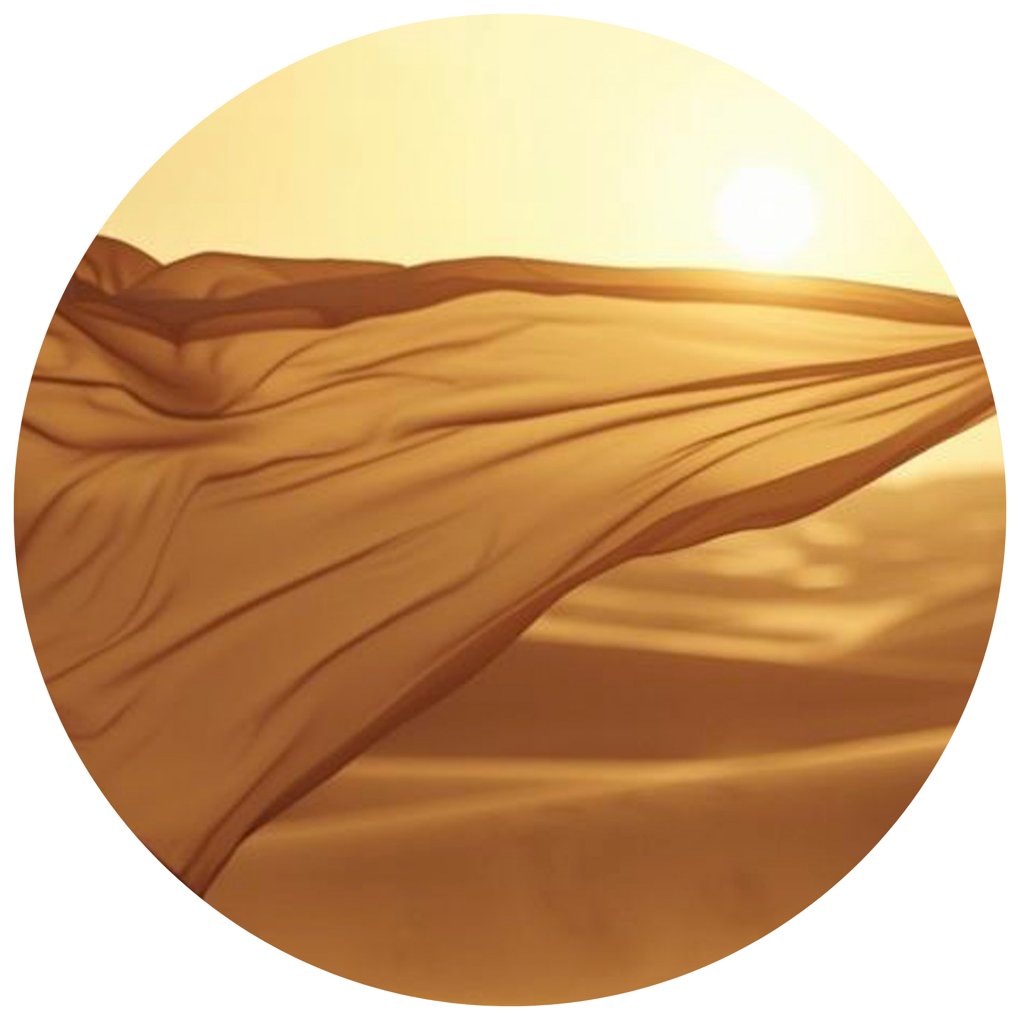 Close-up view of a bed with a striped patterned yellow and orange fabric, with sunlight streaming in from the background.
