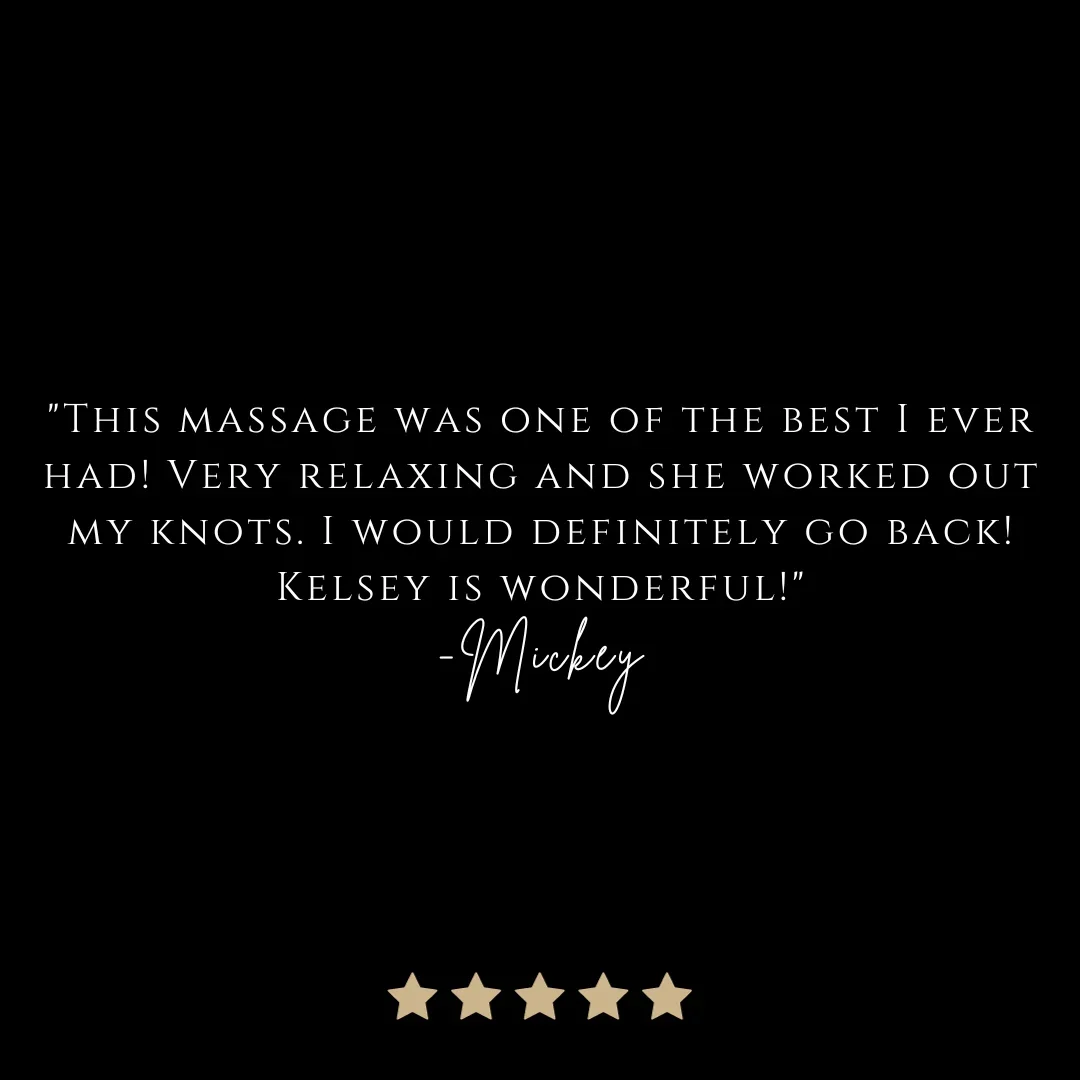 A black background with a centered positive customer review in white and beige text, praising a massage, signed by Mickey, with five beige stars at the bottom.