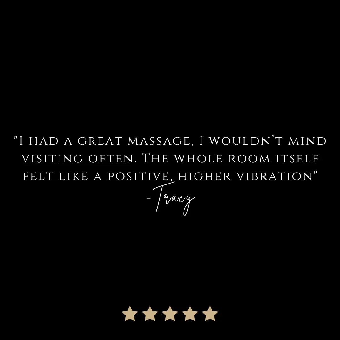 Black background with a quote in white text about a massage by Tracy, and five gold stars at the bottom.
