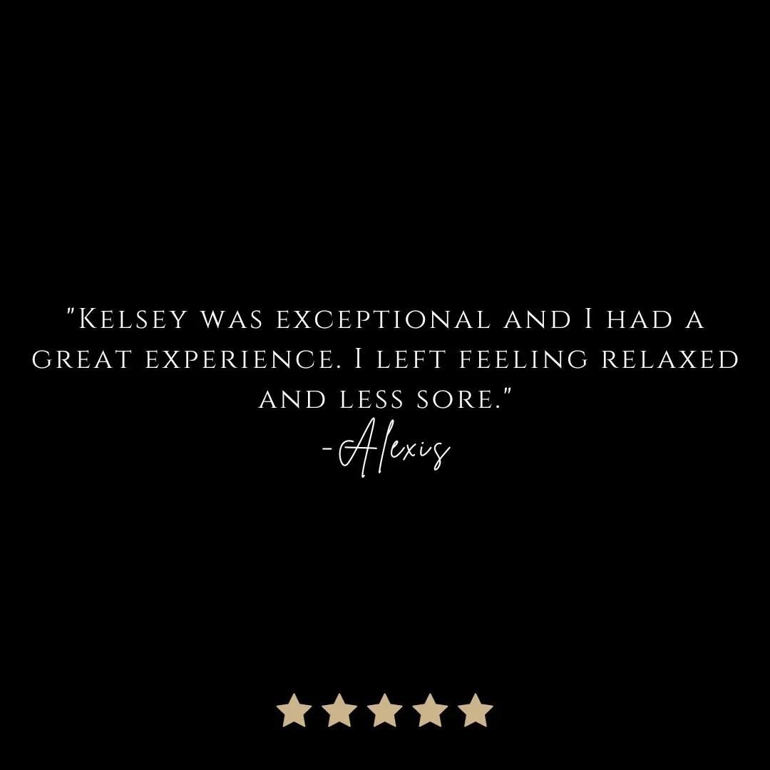 Black background with white text quote about a massage experience, attributed to Alexis, and five beige stars below.