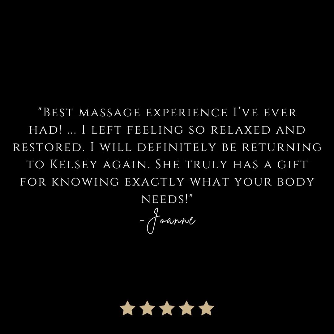 Customer testimonial graphic with a quote about a massage experience, star ratings at the bottom, and a black background.