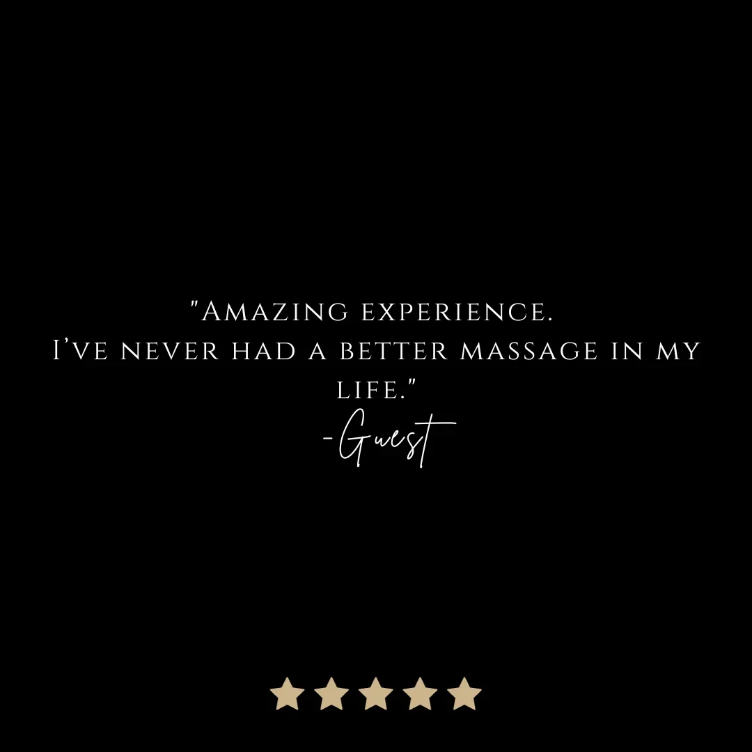 Testimonial graphic with a black background, white text quoting a guest about a massage experience, and five gold stars at the bottom.