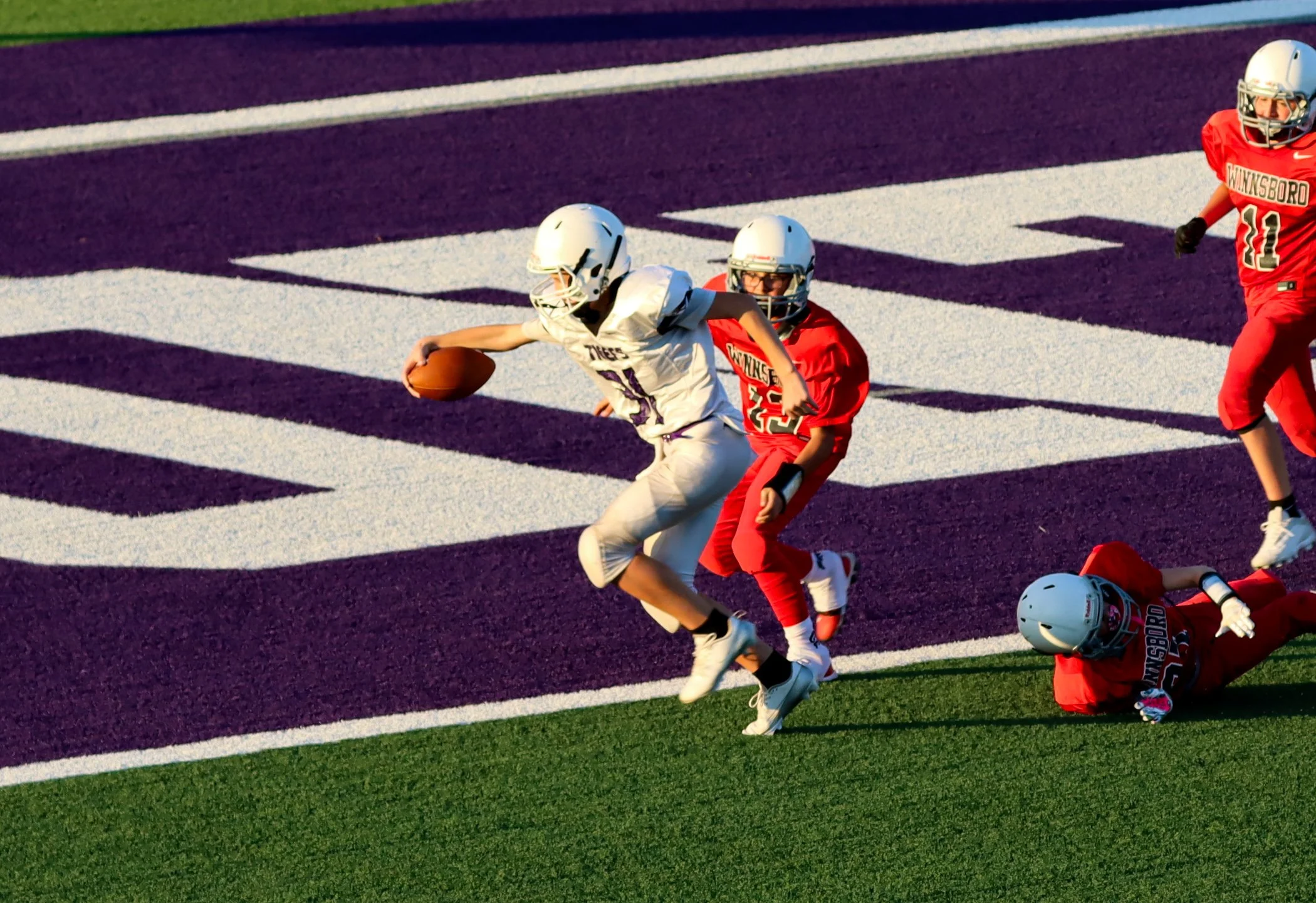 A youth football game with players in red and white uniforms, on a field with purple and white end zones, where a player in a white jersey is running with the football while being chased by a player in a red jersey.