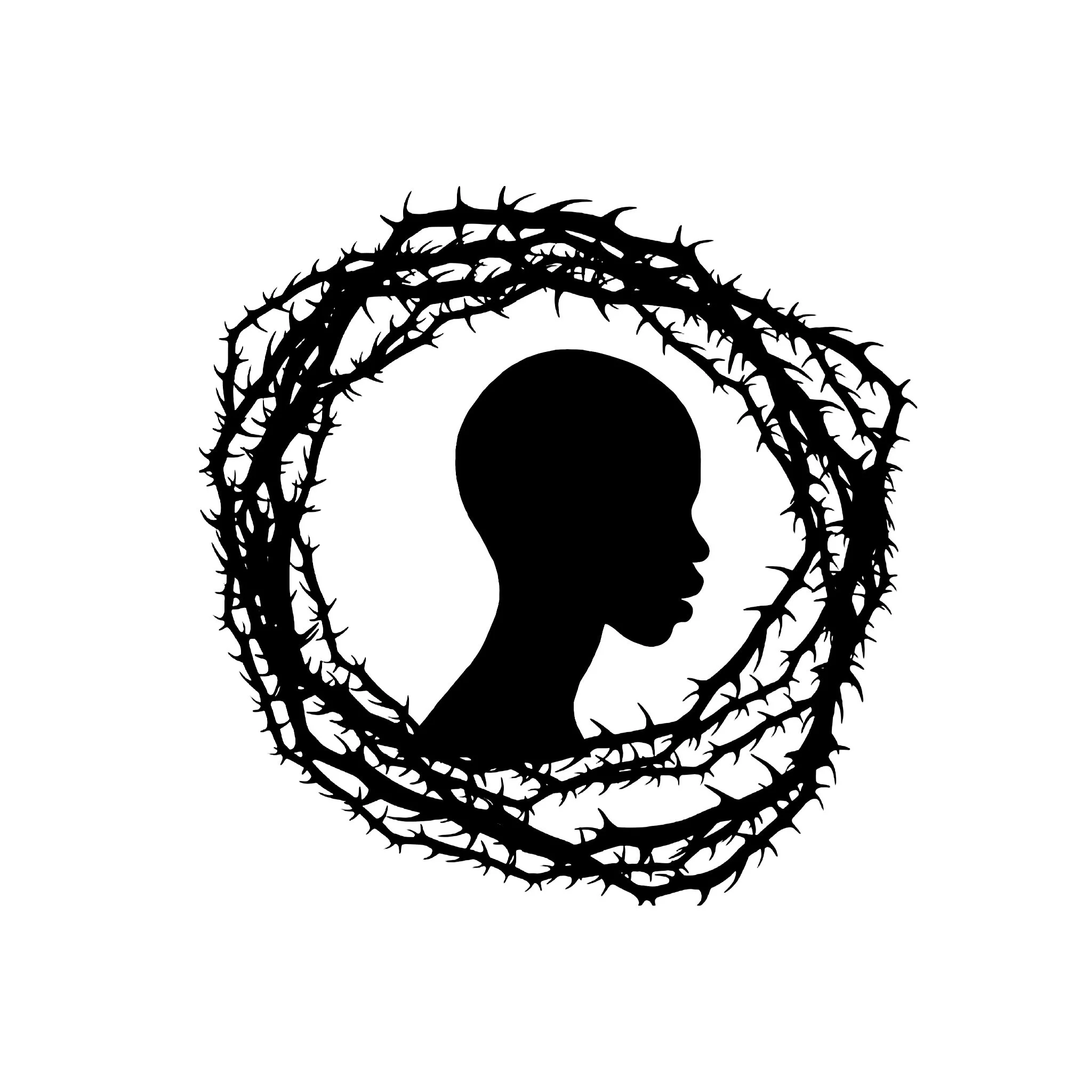 Black silhouette of a human head with a crown of thorns around it, set against a plain white background.