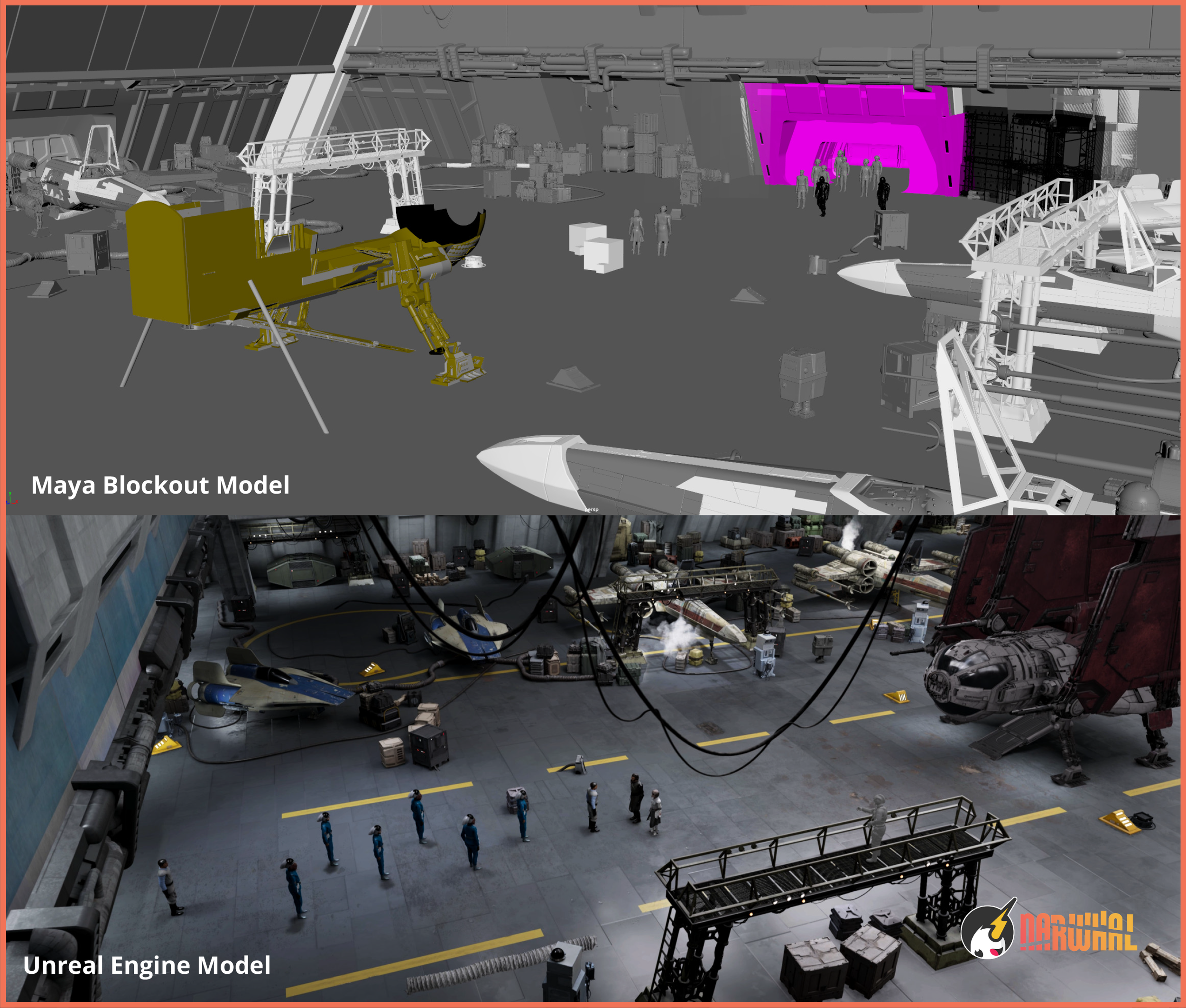 Image shows comparison between the Maya layout and the Unreal Engine lit version