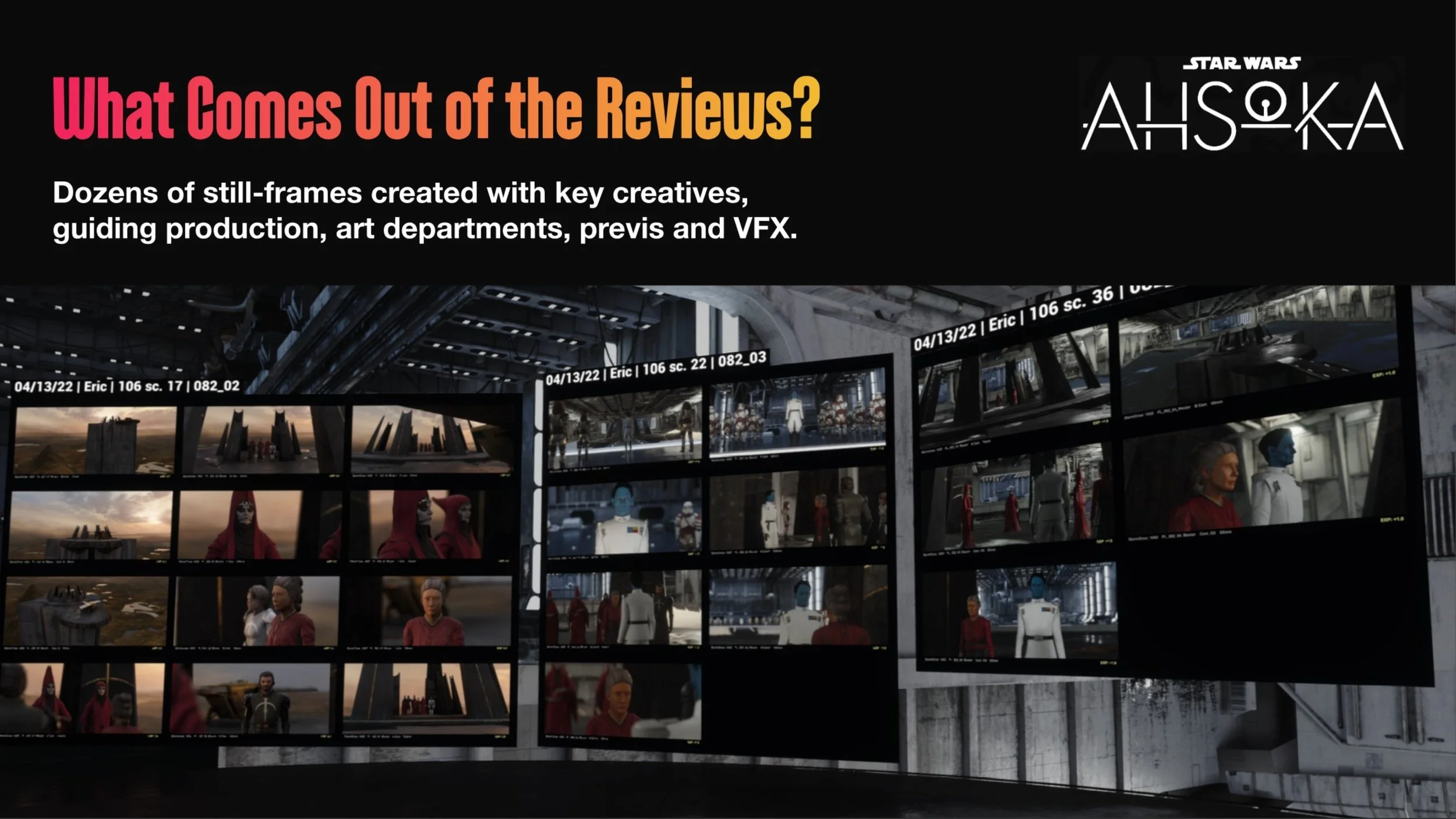 Image showing the a collection of screenshots from scouted cameras being displayed in Unreal Engine during a virtual location scout with key creatives