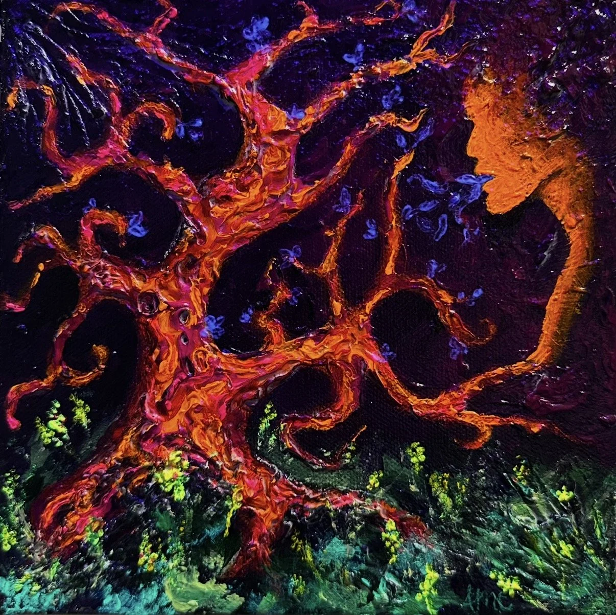 Abstract painting with vibrant colors, featuring swirling red and orange shapes resembling a fiery skull, with hints of blue and green accents.