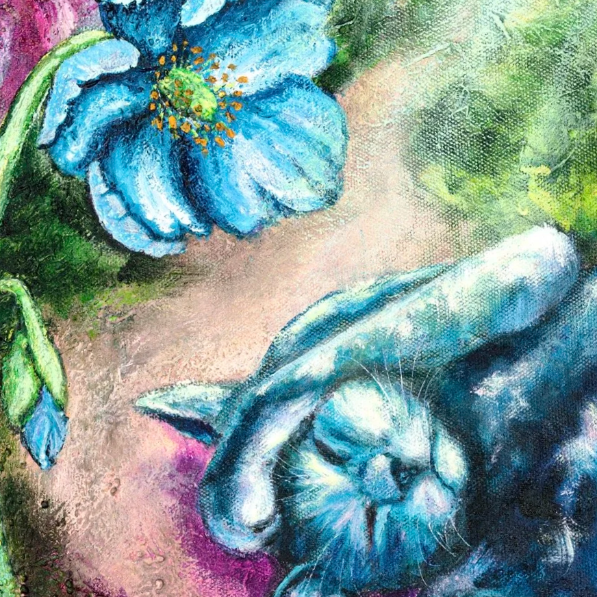 A colorful painting of a gray cat lying on its back with its paw on its head, surrounded by vibrant blue flowers and green foliage.