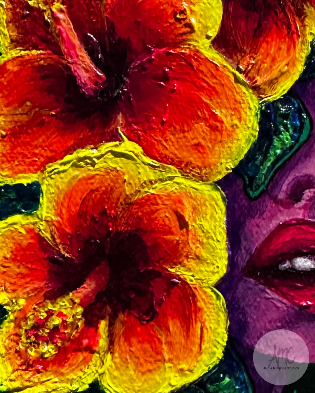 Close-up of colorful flowers and a partially visible painted face in an abstract style.