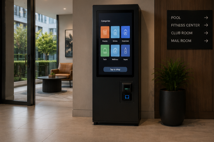 Touchscreen kiosk with category options in a modern indoor lobby near a seating area and a potted plant.