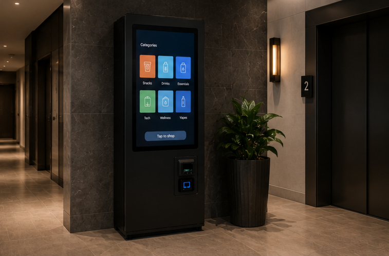 A vending kiosk with a digital touchscreen display in a modern building hallway, positioned next to an elevator and a potted plant.