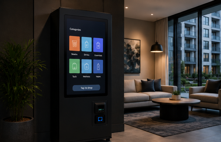 A vending machine touchscreen displaying categories like snacks, drinks, essentials, tech, wellness, and vapes in a modern living room with large windows, a coffee table, and a lounge sofa.