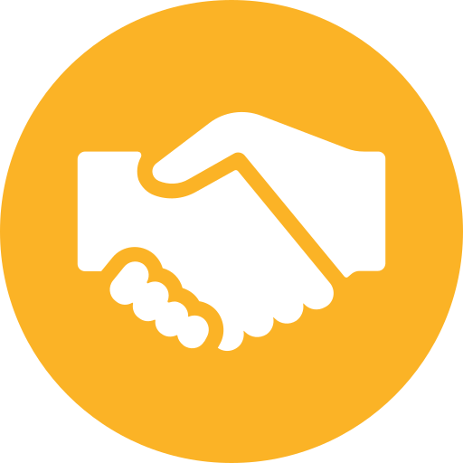 White handshake icon on a yellow circular background.