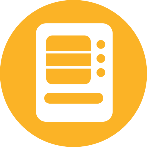 Icon of a refrigerator with three shelves and three buttons on the side, set against a yellow circular background.