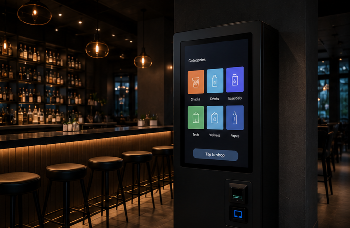 A digital vending kiosk in a modern, dimly lit bar with stools and shelves filled with bottles in the background.