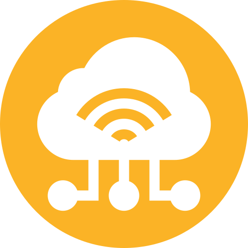 Icon of a white cloud with a Wi-Fi signal inside, connected to three circles below, on an orange circular background.