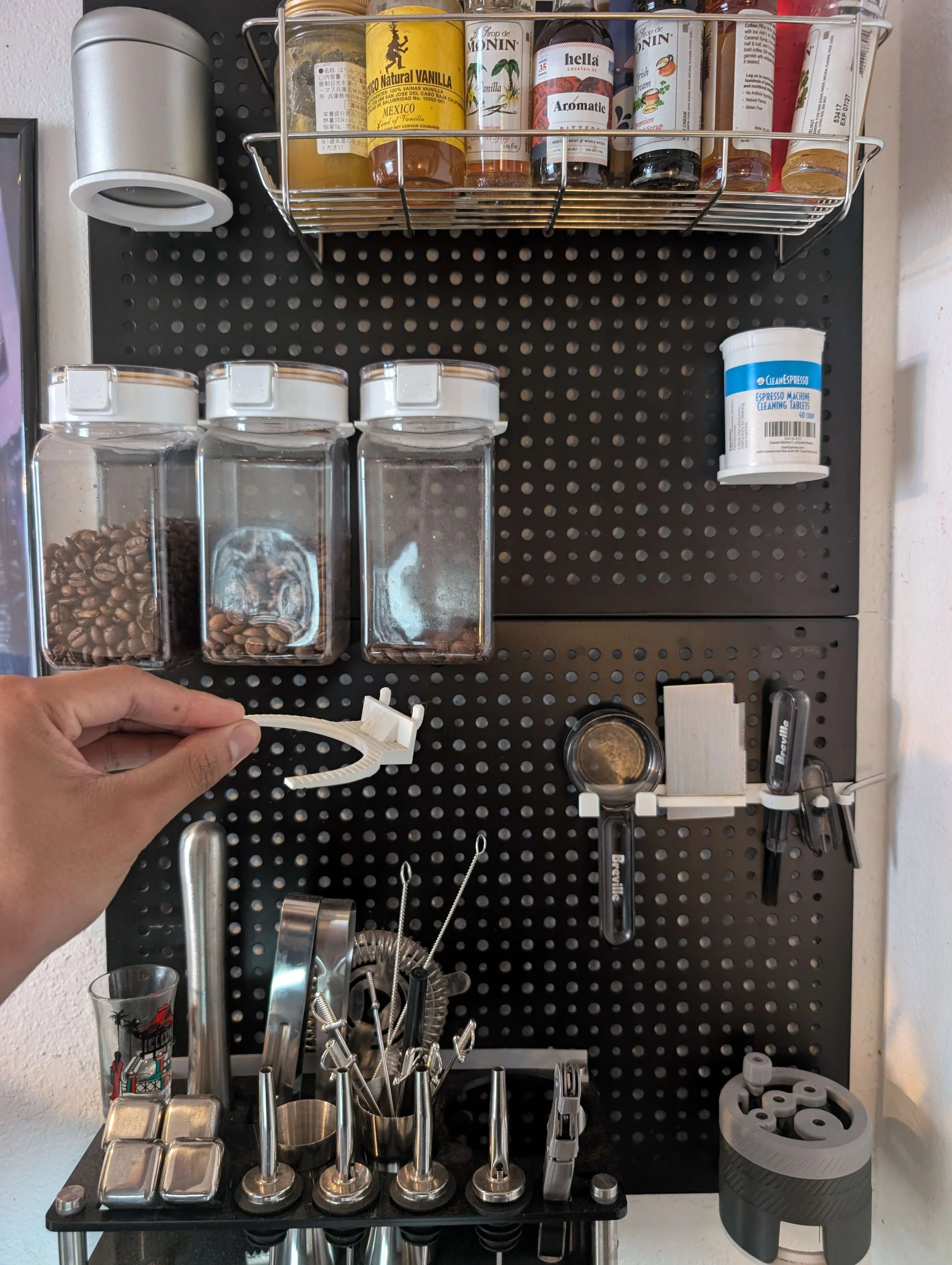 Custom 3D printed pegboard mounts for espresso gadgets