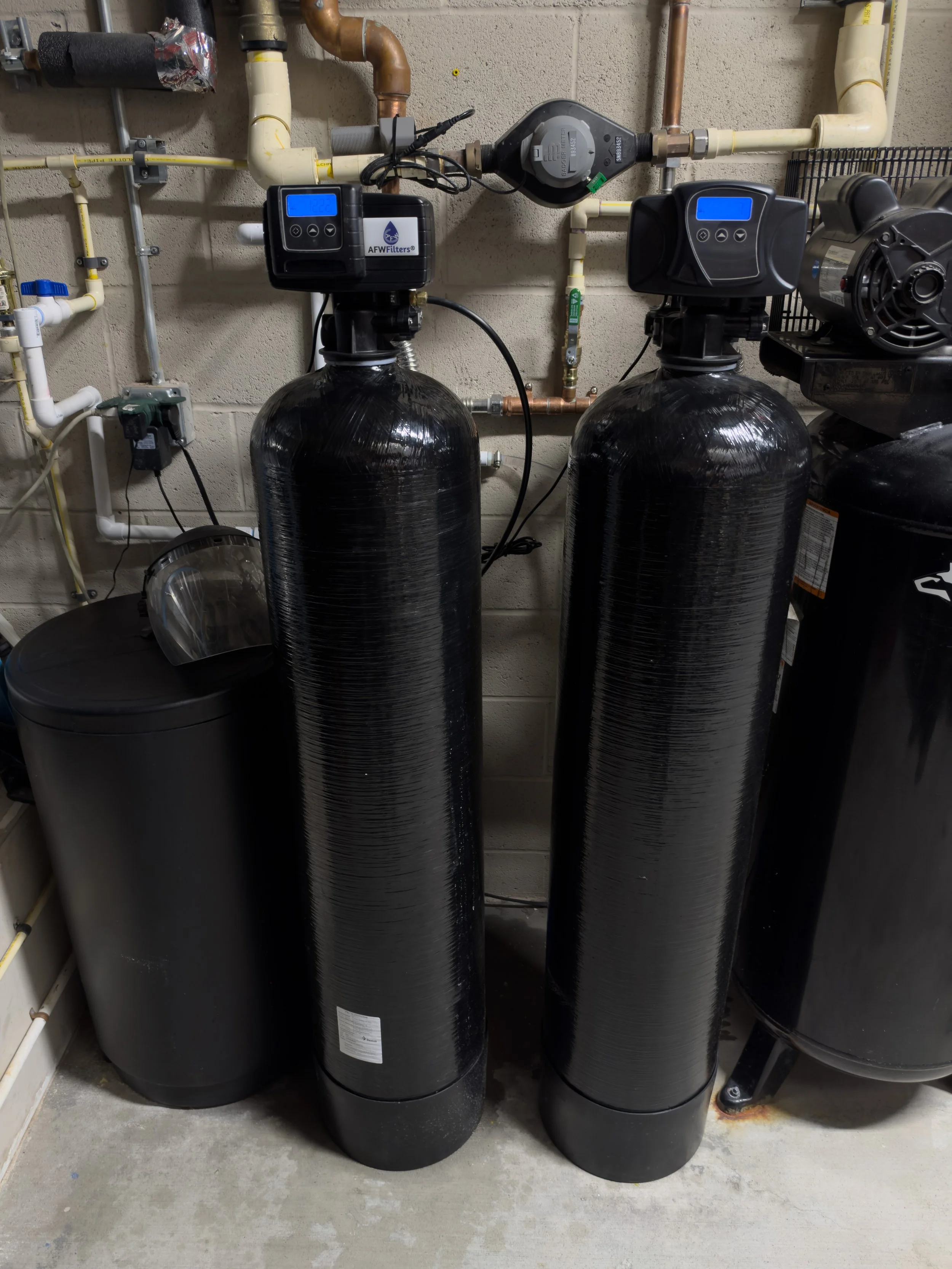 Fleck water softener and carbon filtration system installed by Premier Flow Plumbing in Pasadena, CA